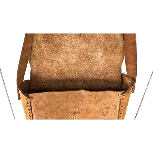 Vintage tooled embossed leather Aztec Mayan totem face shoulder crossbody purse - Picture 6 of 6